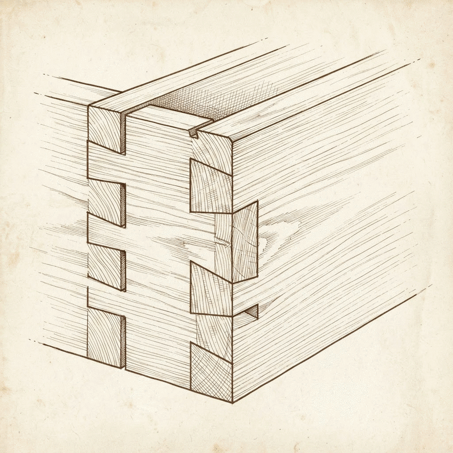 Line-drawing illustration of a drawer's finger-joint and dovetail joinery