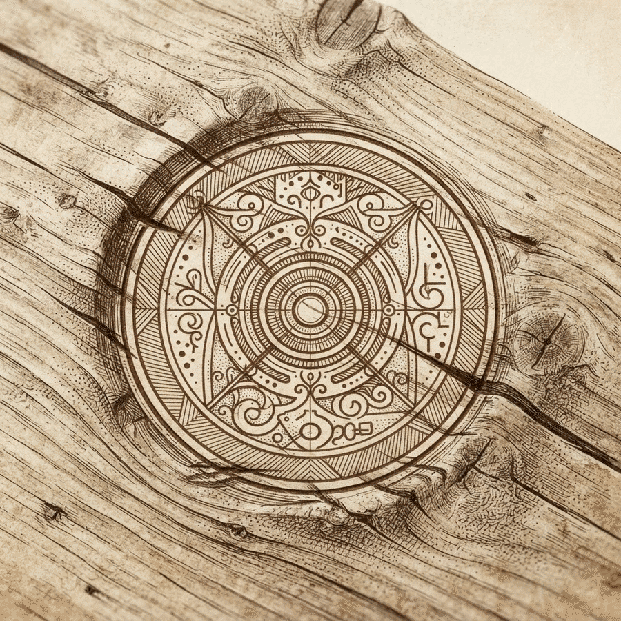Line-drawing illustration of a maker's control stamp pressed into wood grain